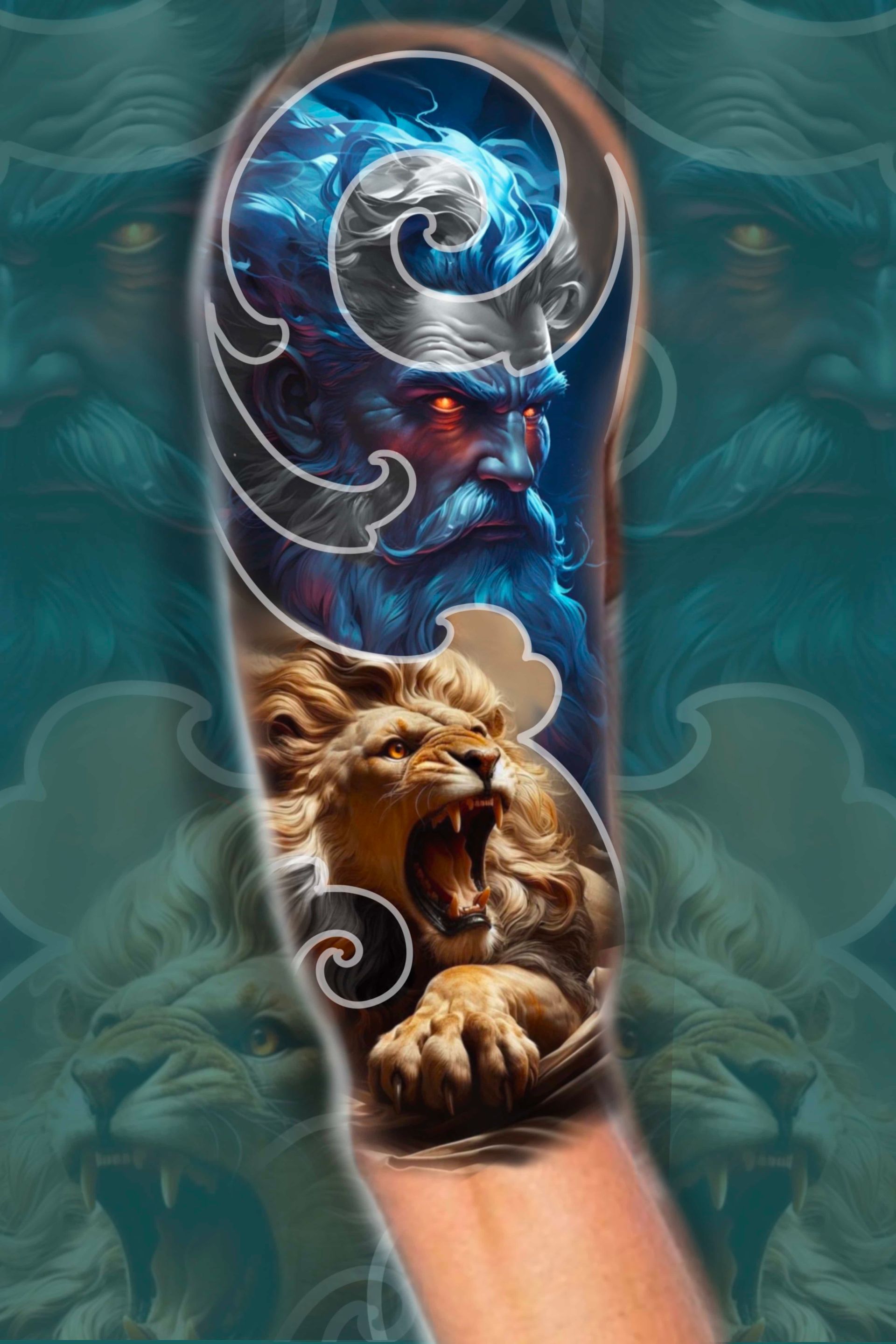 Tattoo design on arm featuring a blue-toned Zeus-like figure, and a roaring lion in gold.