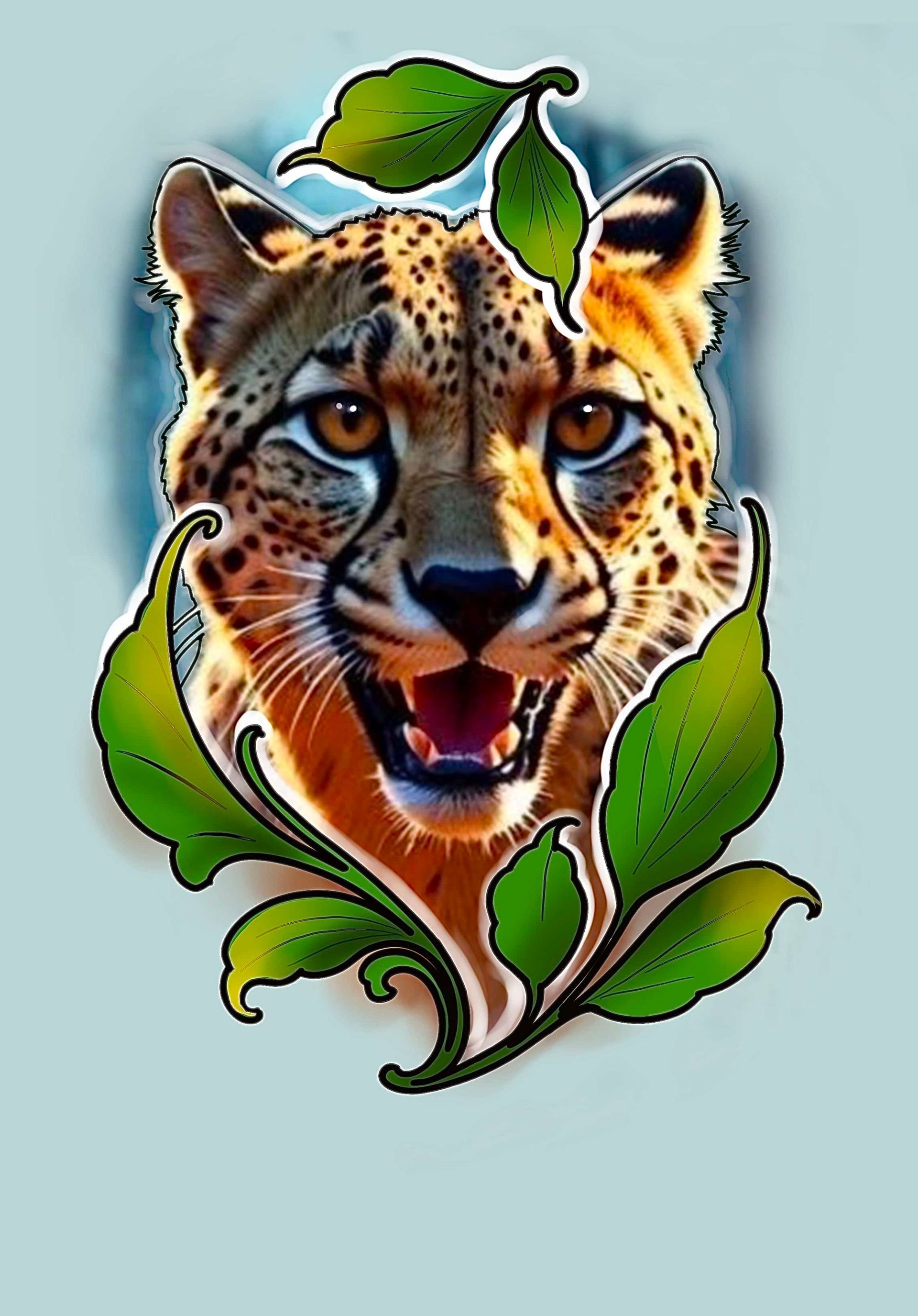Cheetah's head with open mouth, surrounded by green leaves and a pale blue background.