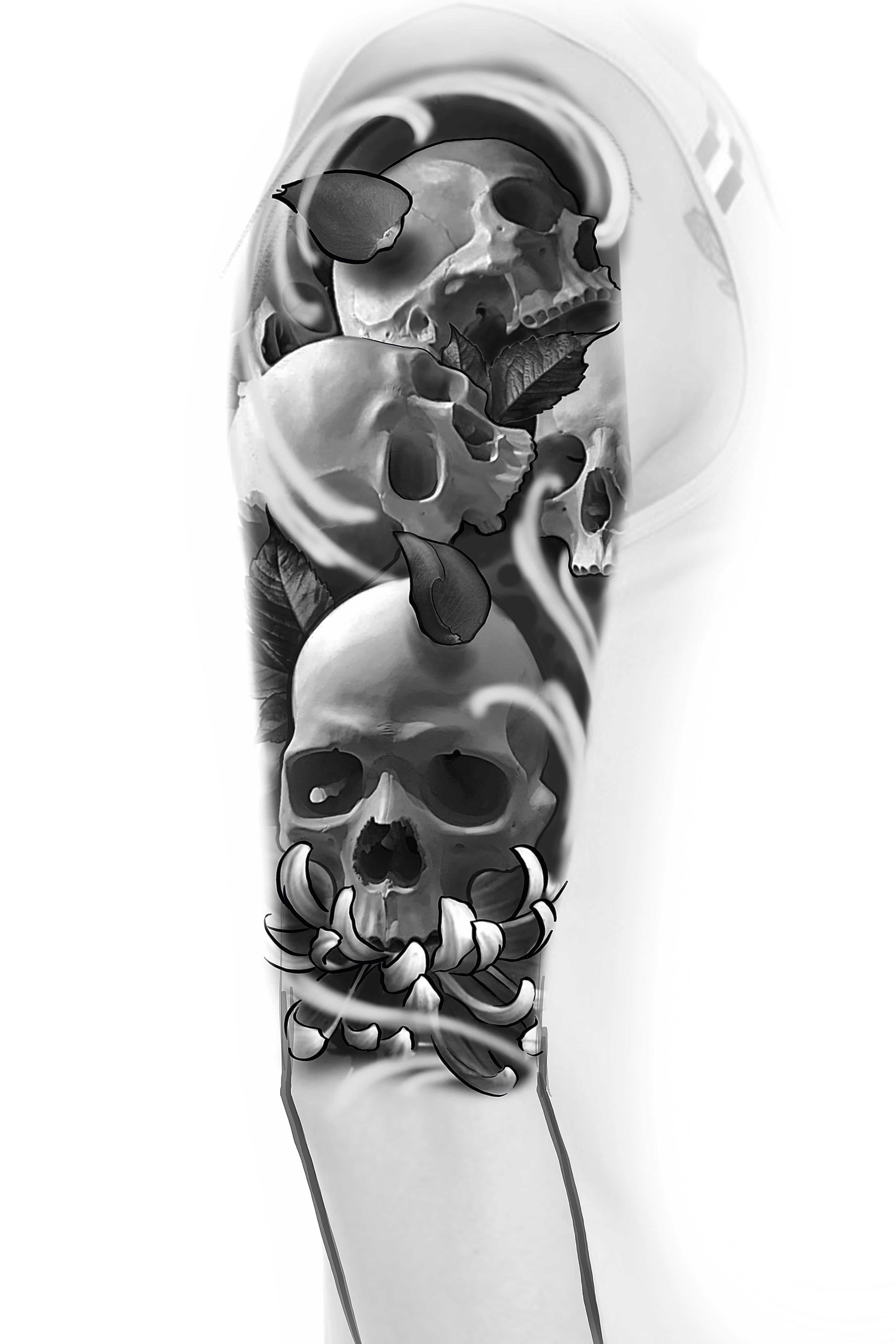 Tattoo design on an arm; multiple skulls with floral elements and swirls, in grayscale.
