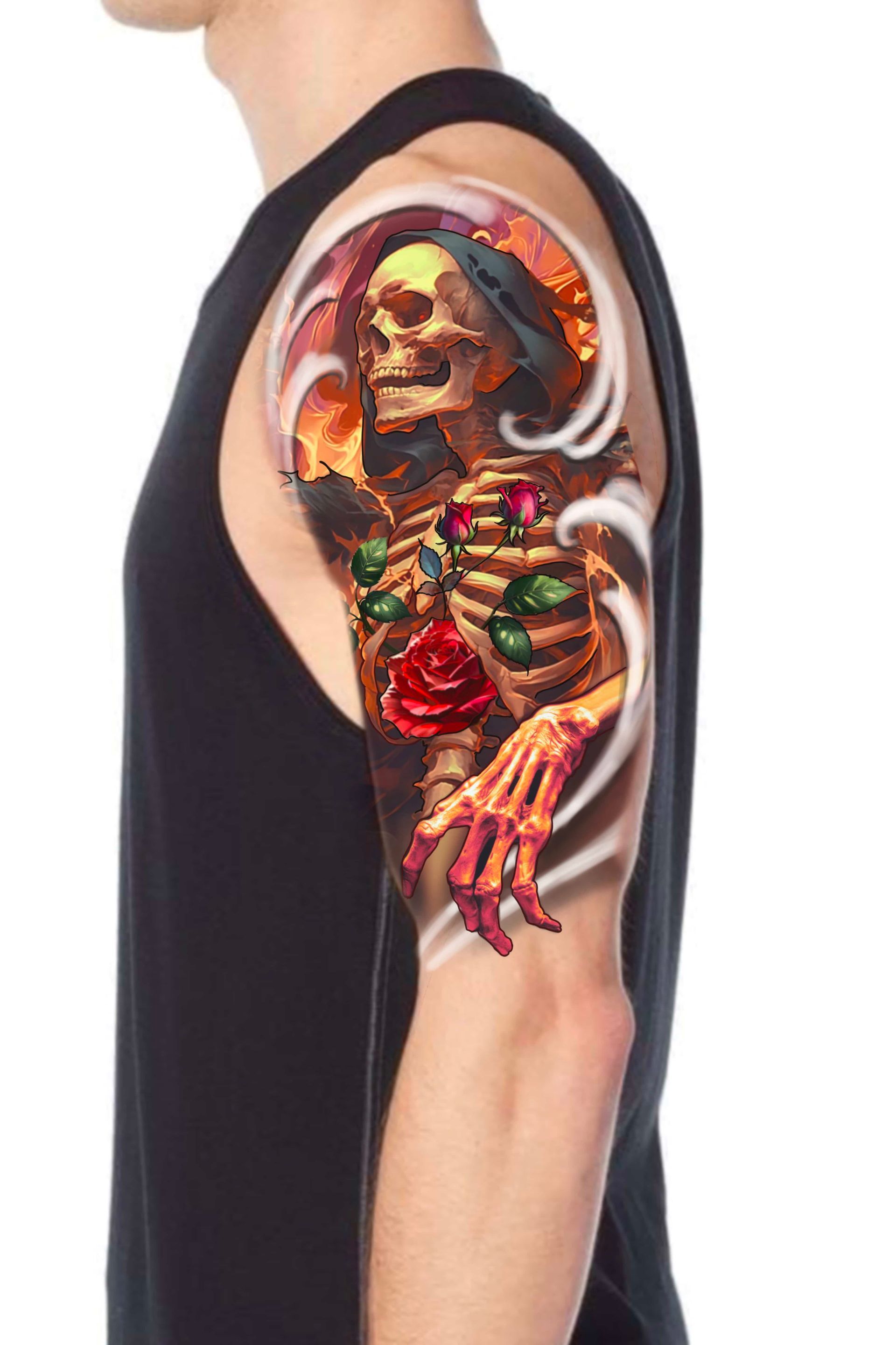 Tattoo of a skeleton with red roses on a man's arm, surrounded by swirling white and orange smoke.