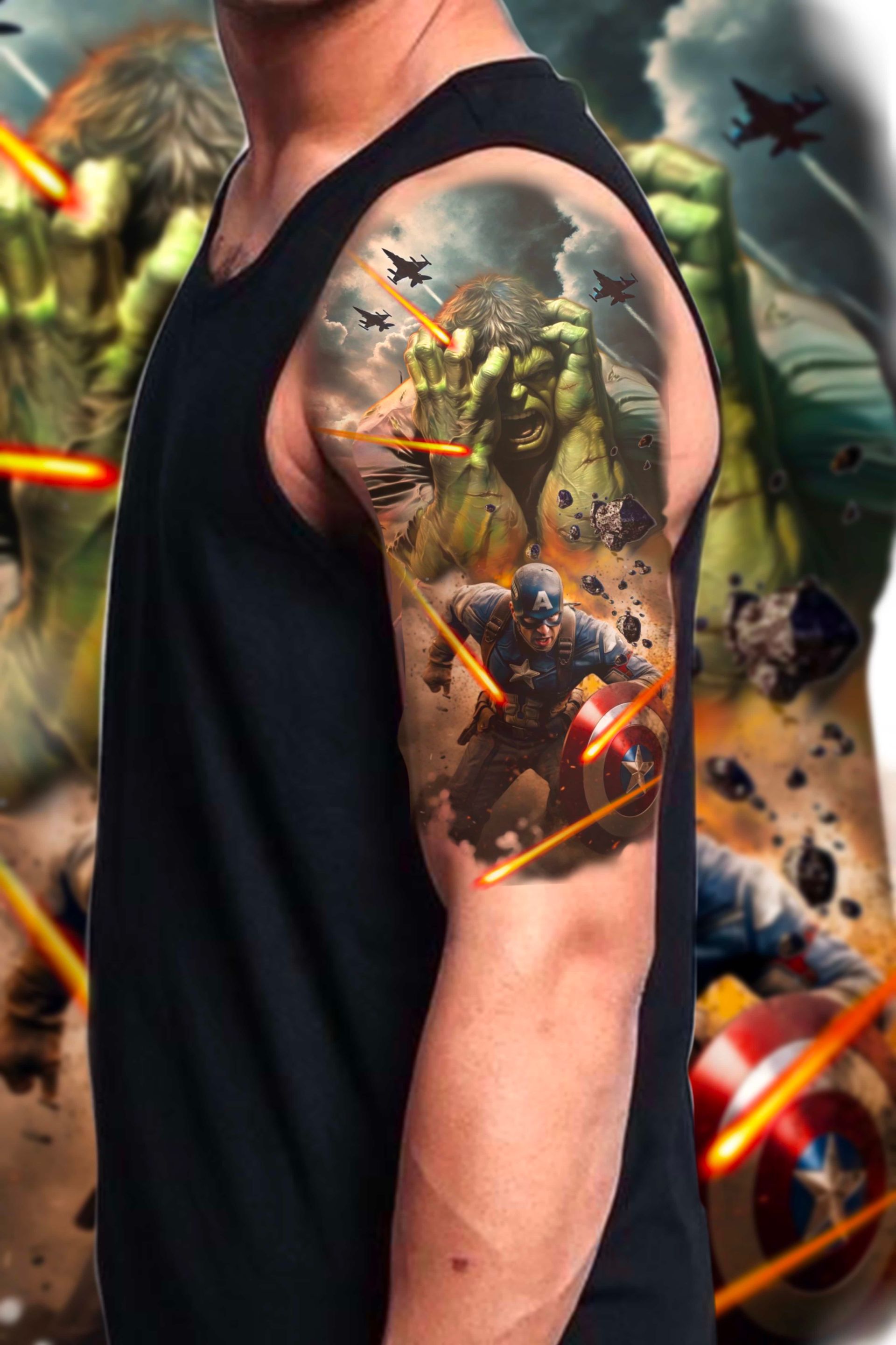 Tattoo of Captain America and Hulk in battle, with orange blasts and jets overhead.