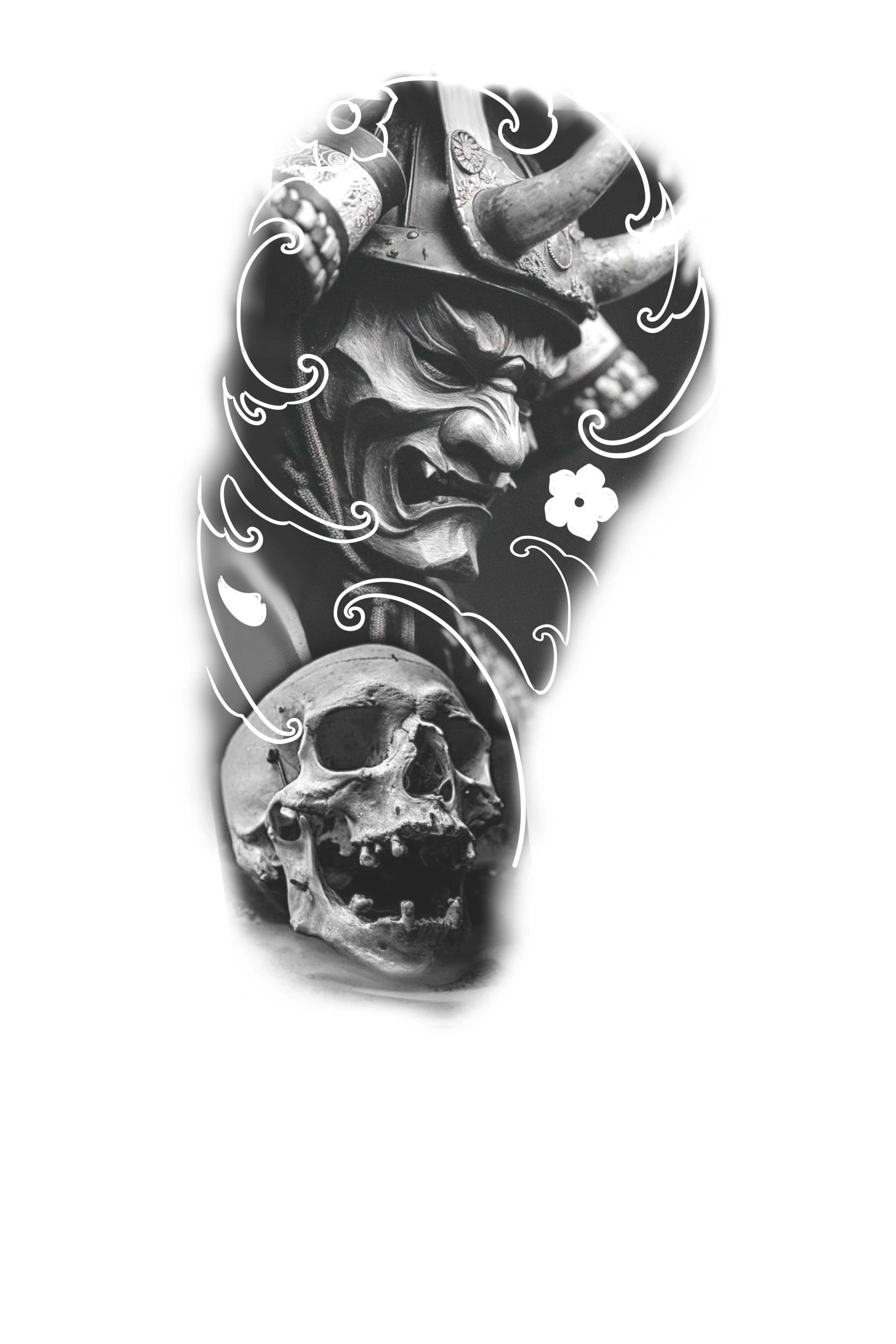 Tattoo design featuring a samurai mask, skull, and ornate swirling patterns. Black and white.
