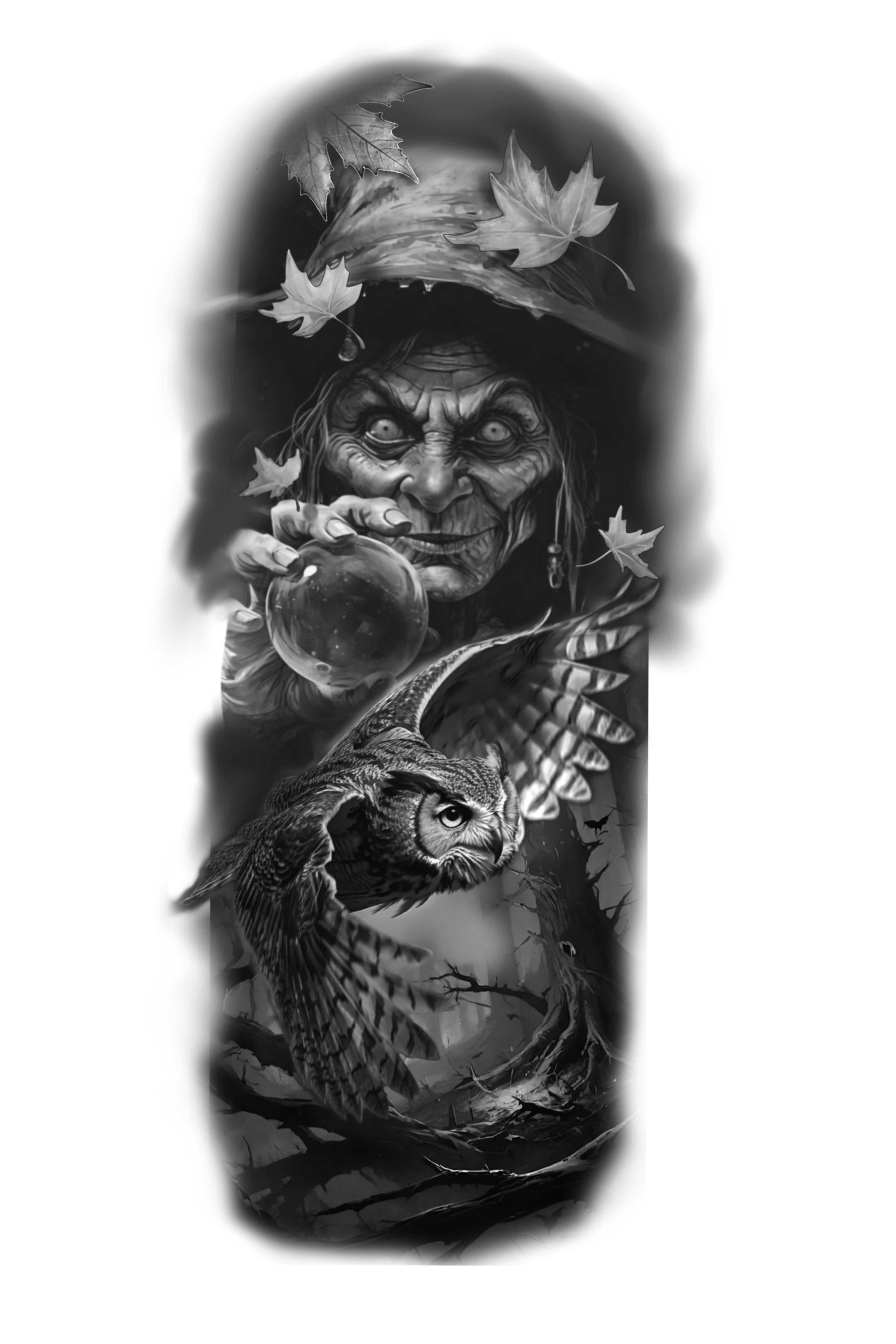 Witch with an apple, owl, and leaves, in a dark, stylized tattoo design.