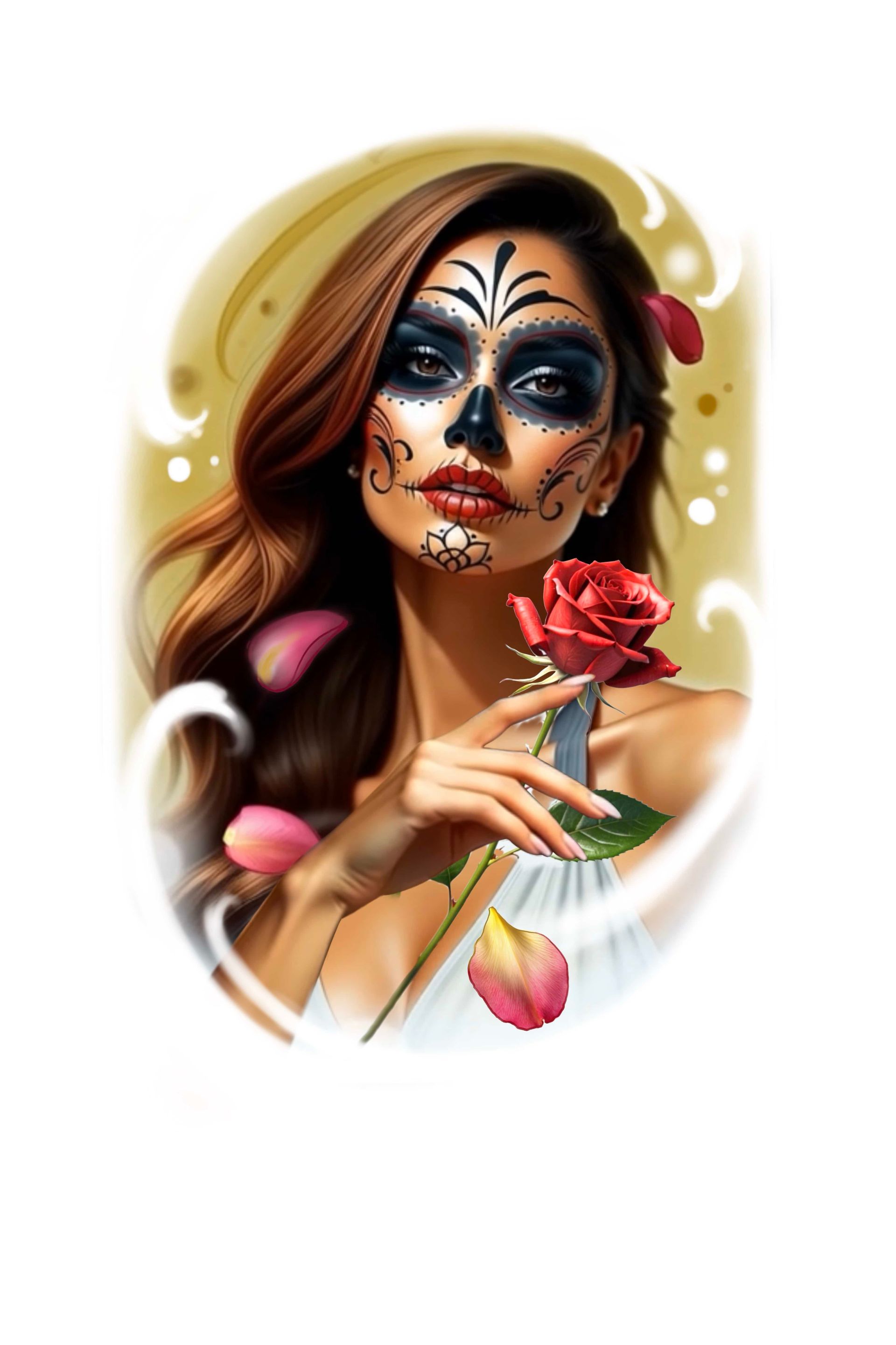 Woman with Día de los Muertos skull makeup, holding a red rose, surrounded by flower petals, against a golden background.