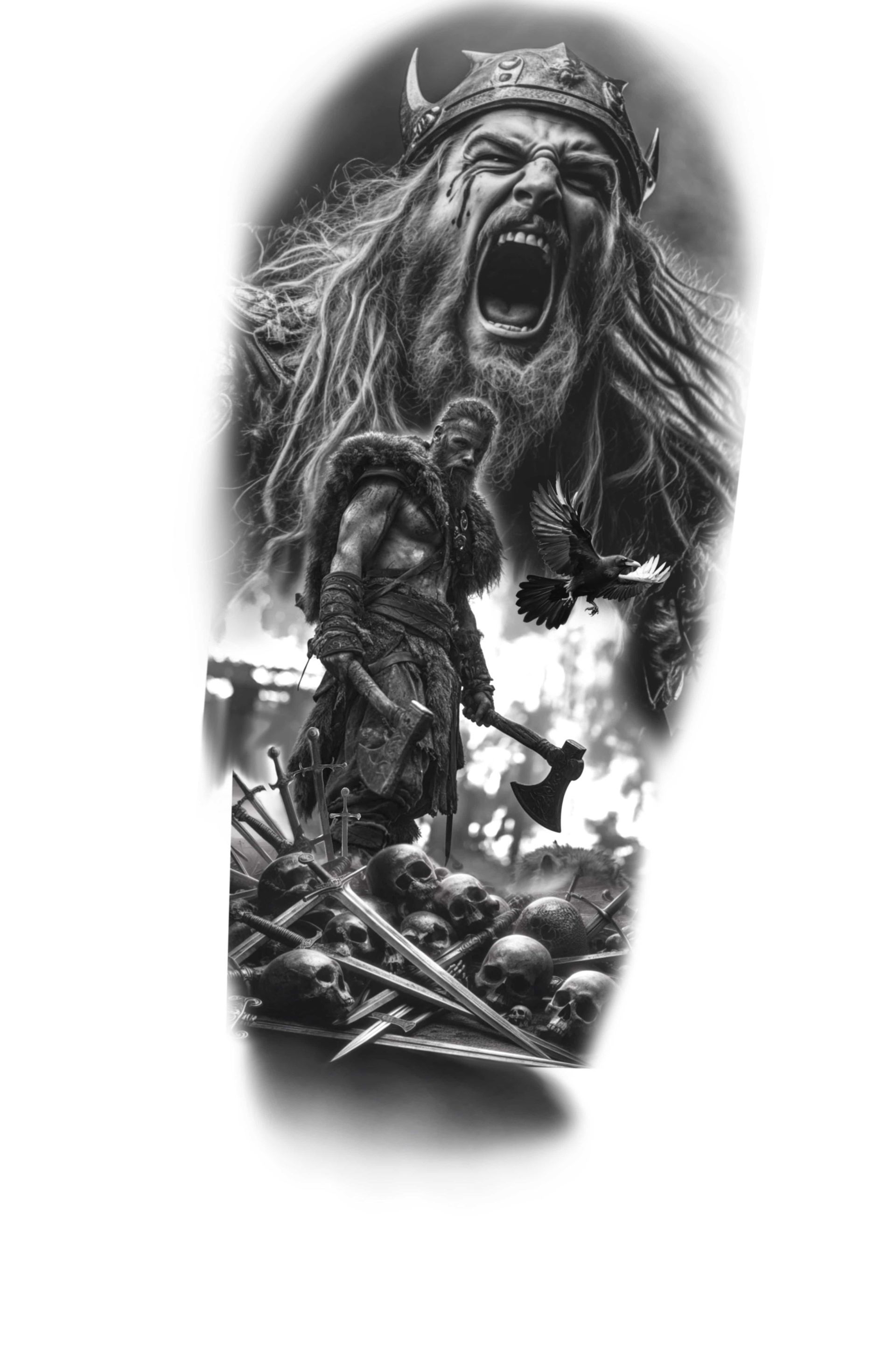 Viking warrior yelling, axes and skulls in a battle scene.