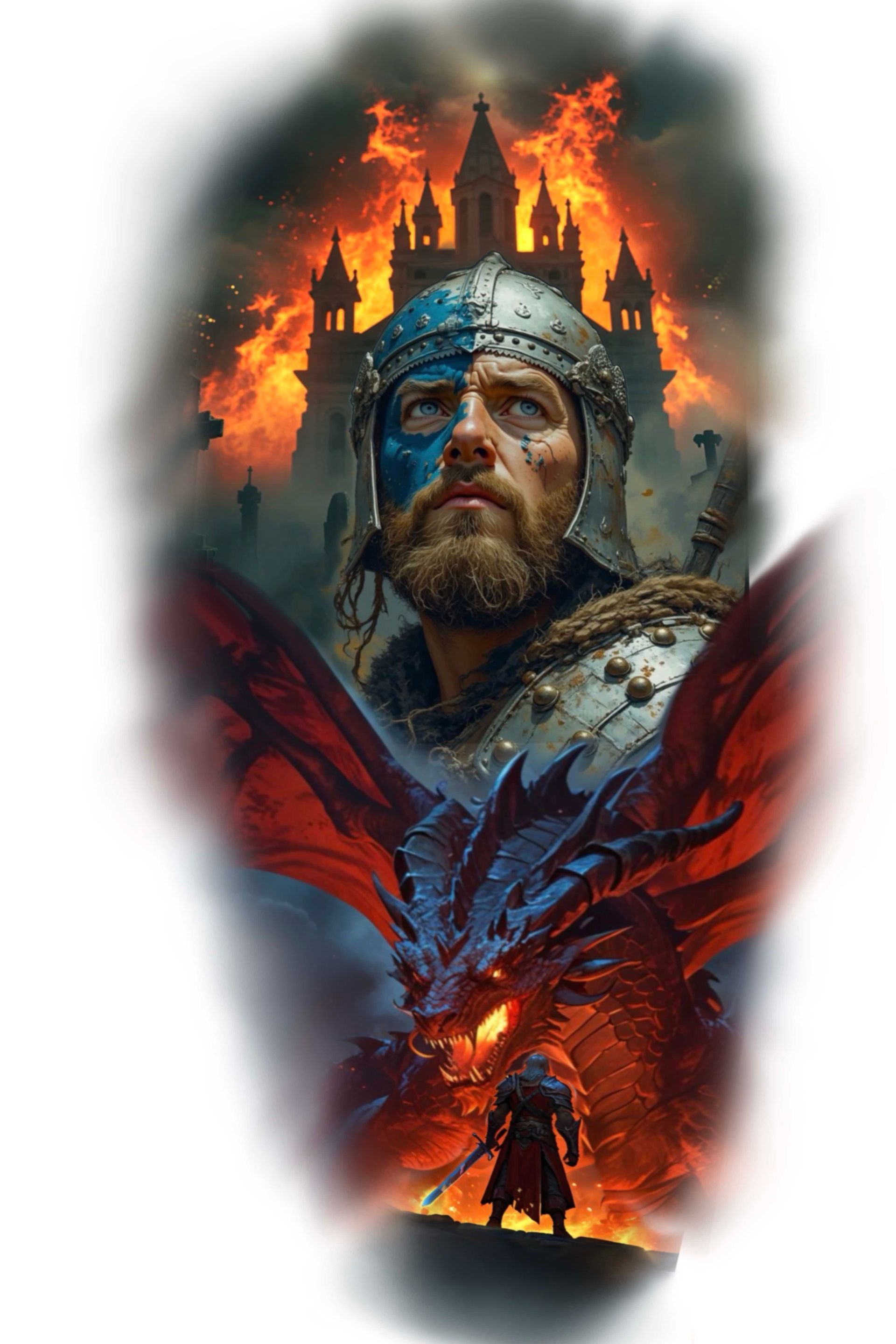 Warrior with face paint, castle in flames, dragon, and figure facing the dragon.