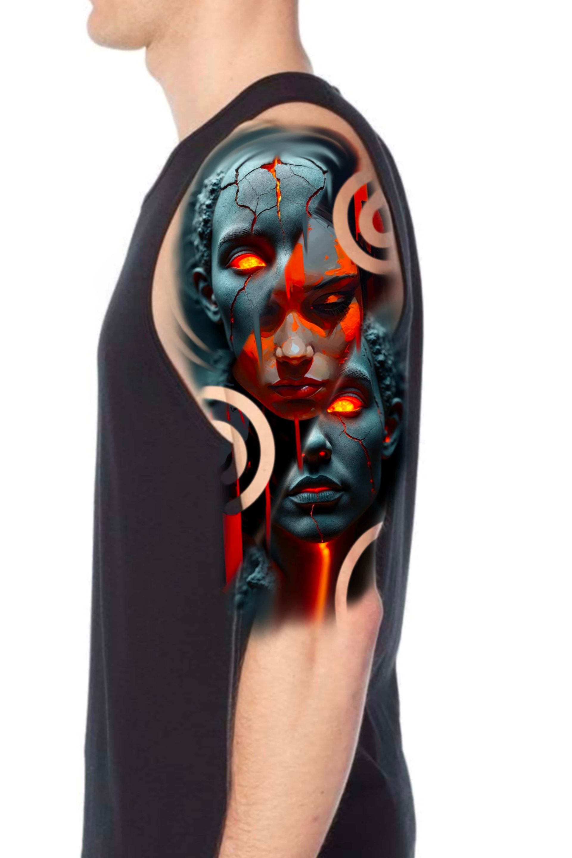 Tattoo on arm. Two eerie faces with glowing orange eyes and crack-like details. White spiral design.