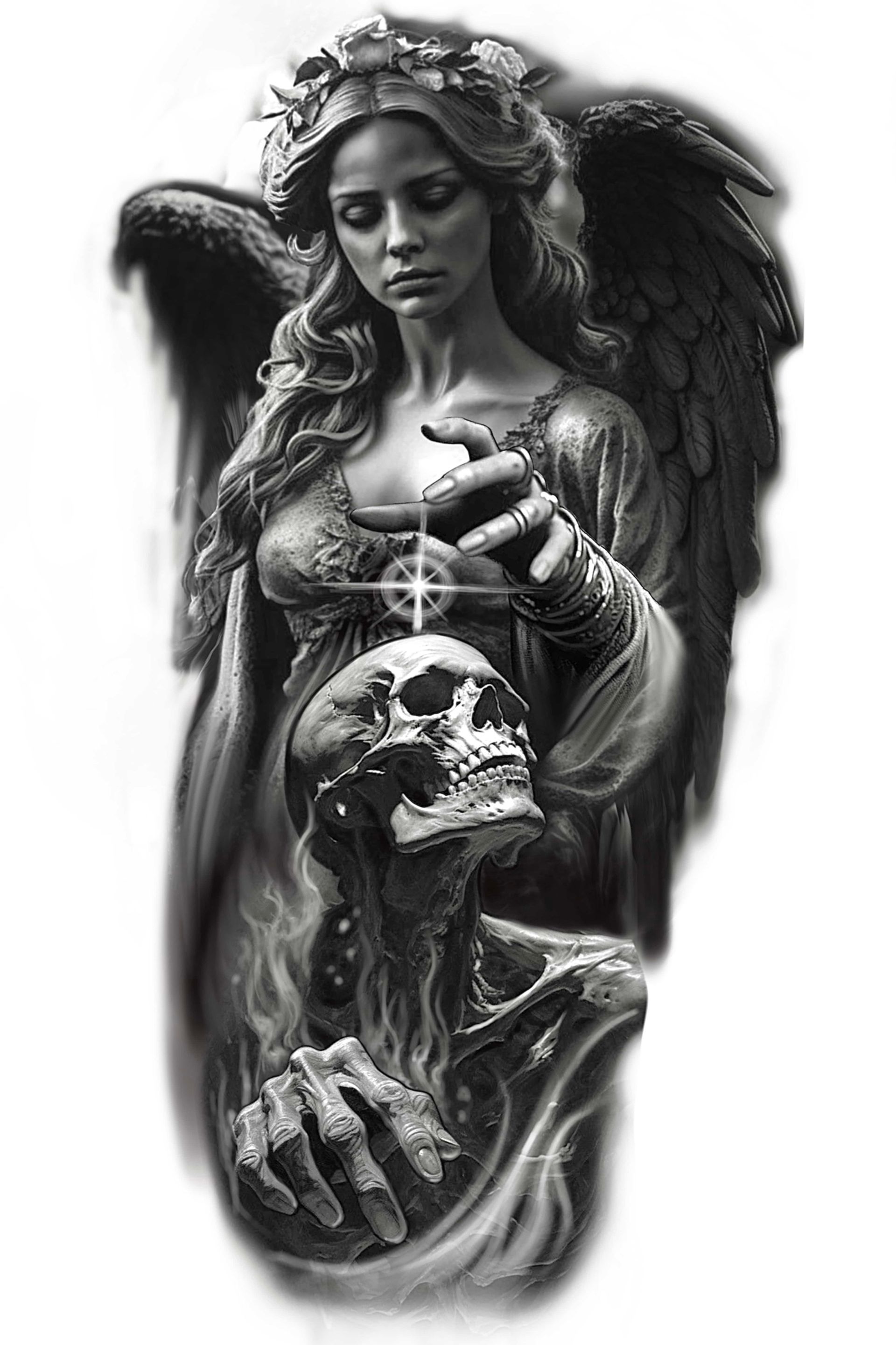 Angel figure holding a glowing cross over a skull. Wings, floral crown, dramatic lighting.