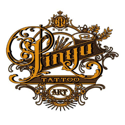 Sin Yu Tattoo Art logo with ornate gold and black filigree. Includes stylized text, brushes and laurel.