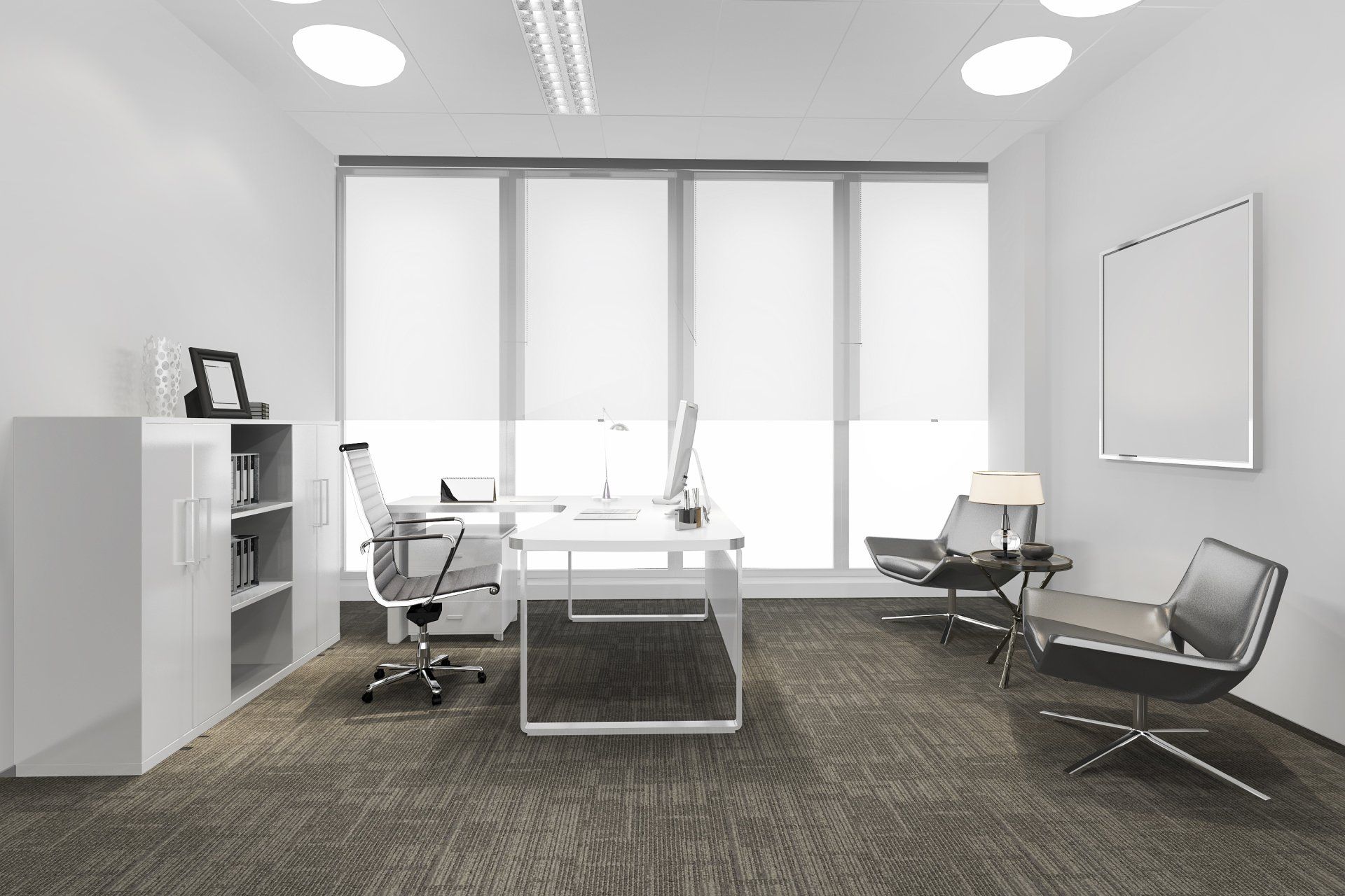 A 3d rendering of a modern office with a desk and chairs.