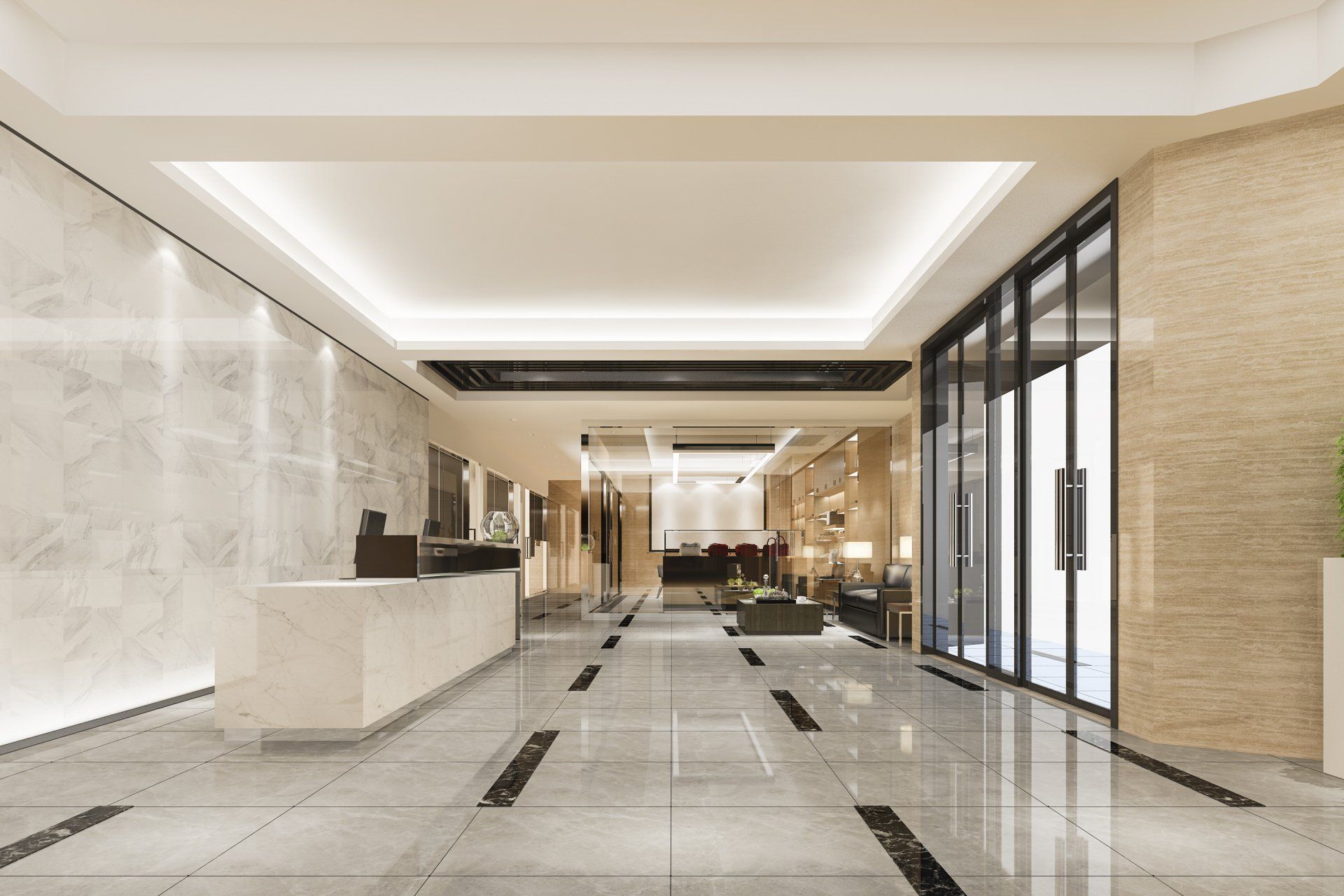A 3d rendering of a hotel lobby with marble floors and a reception desk.