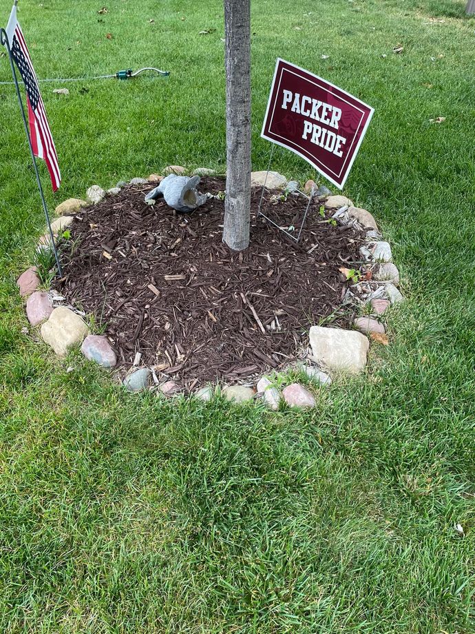 A snow-covered agricultural field with rows of dormant crop stubble extending toward a distant treeline under a blue sky.