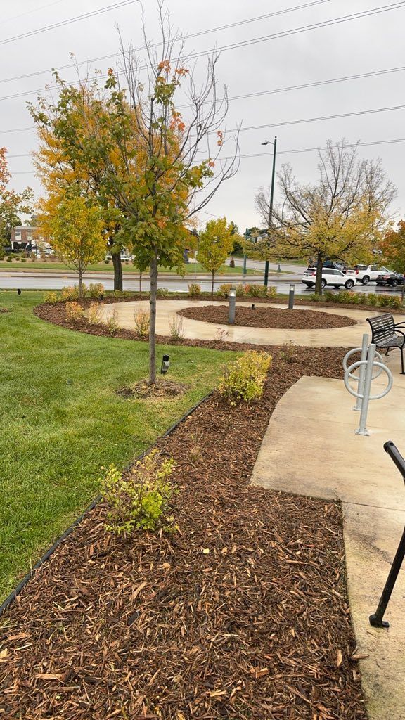 A mulched landscape area with young trees and shrubs, bordering a paved path with a bicycle rack.
