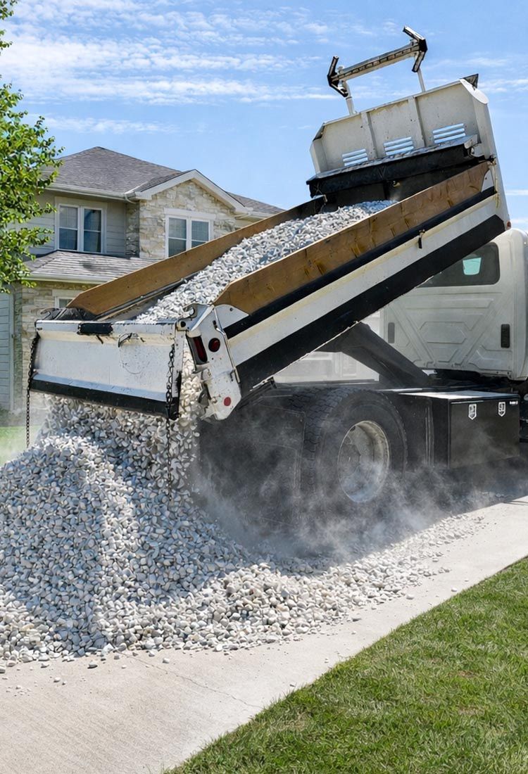 A white dump truck emptying a large load of gray gravel onto a driveway in front of a house.