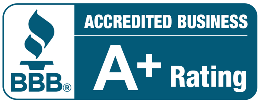 BBB Accredited Business logo with a blue background, the BBB torch symbol, and white text stating