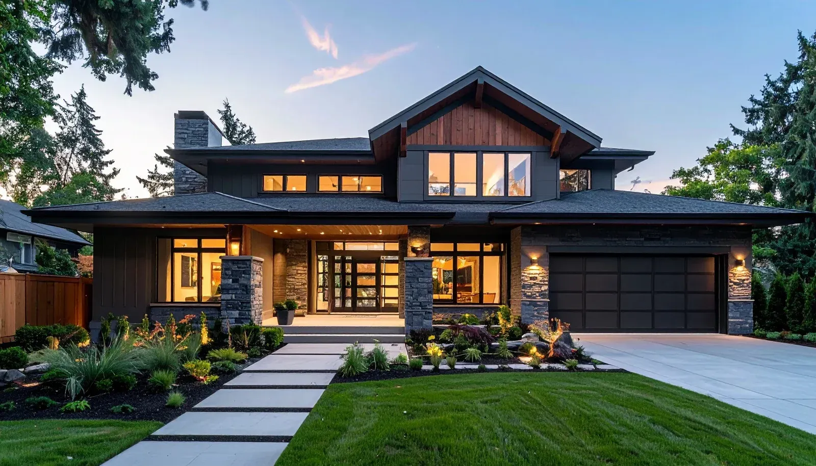 A modern two-story home with dark siding, stone accents, a landscaped front yard, and a concrete pathway at dusk.