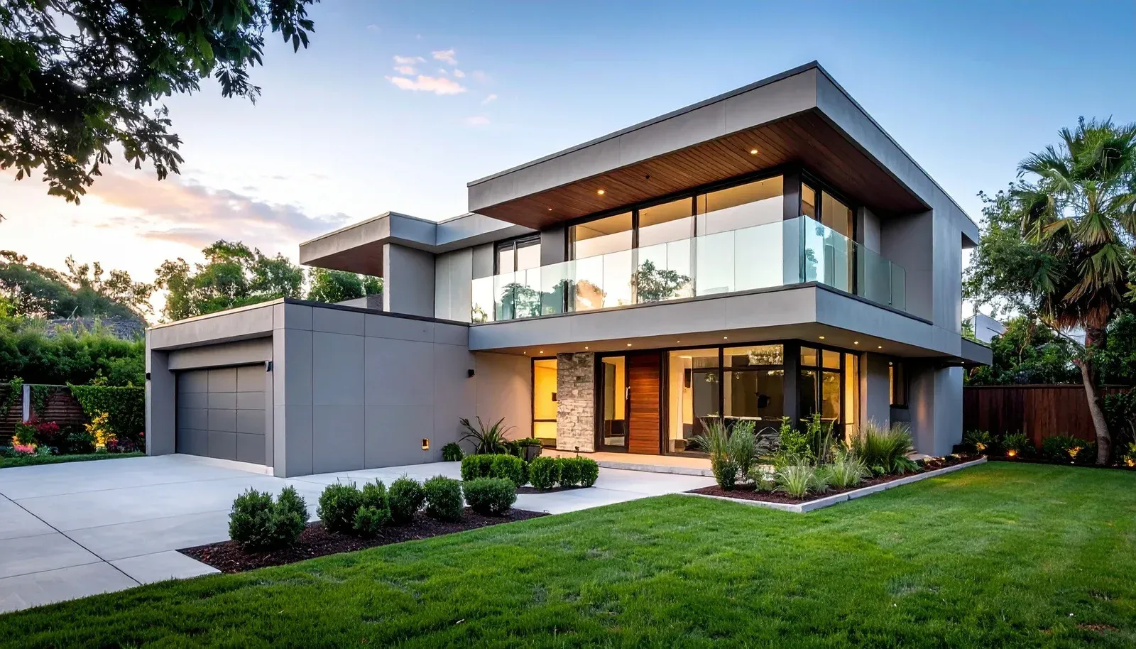A modern two-story home with a flat roof, large glass windows, a gray exterior, and a manicured lawn at sunset.