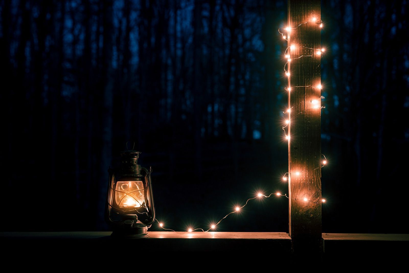 A lit vintage lantern and string lights draped on a wooden post against a dark, silhouetted forest at night.