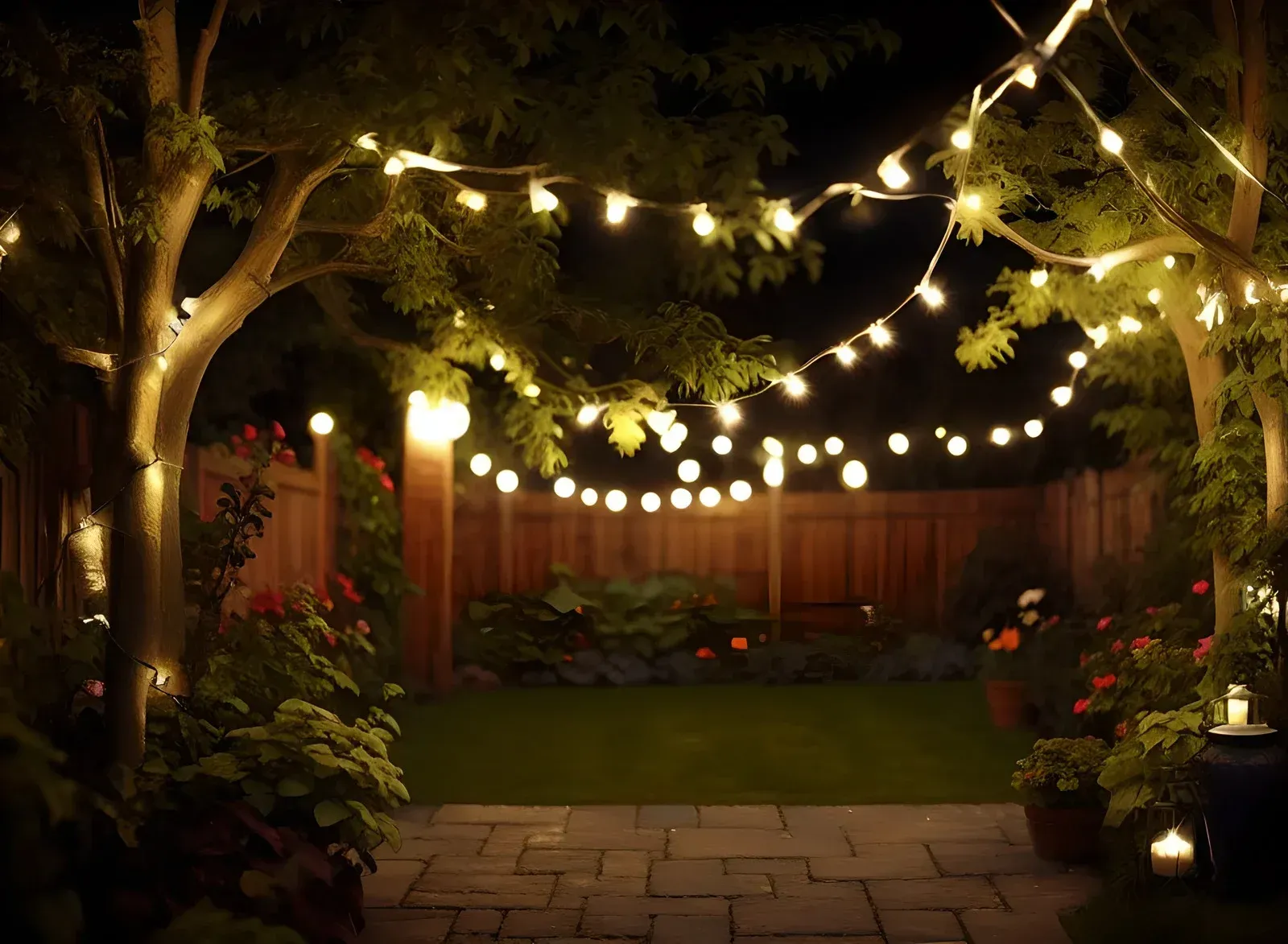 A cozy backyard patio at night, illuminated by warm string lights hung between trees over a grassy lawn and stone patio.