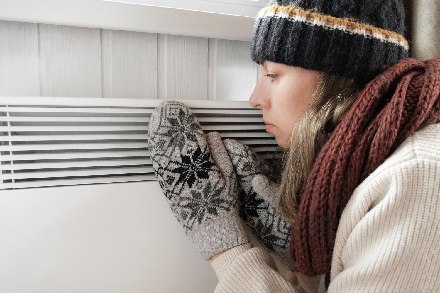 A woman in a hat and scarf is warming her hands on a radiator.