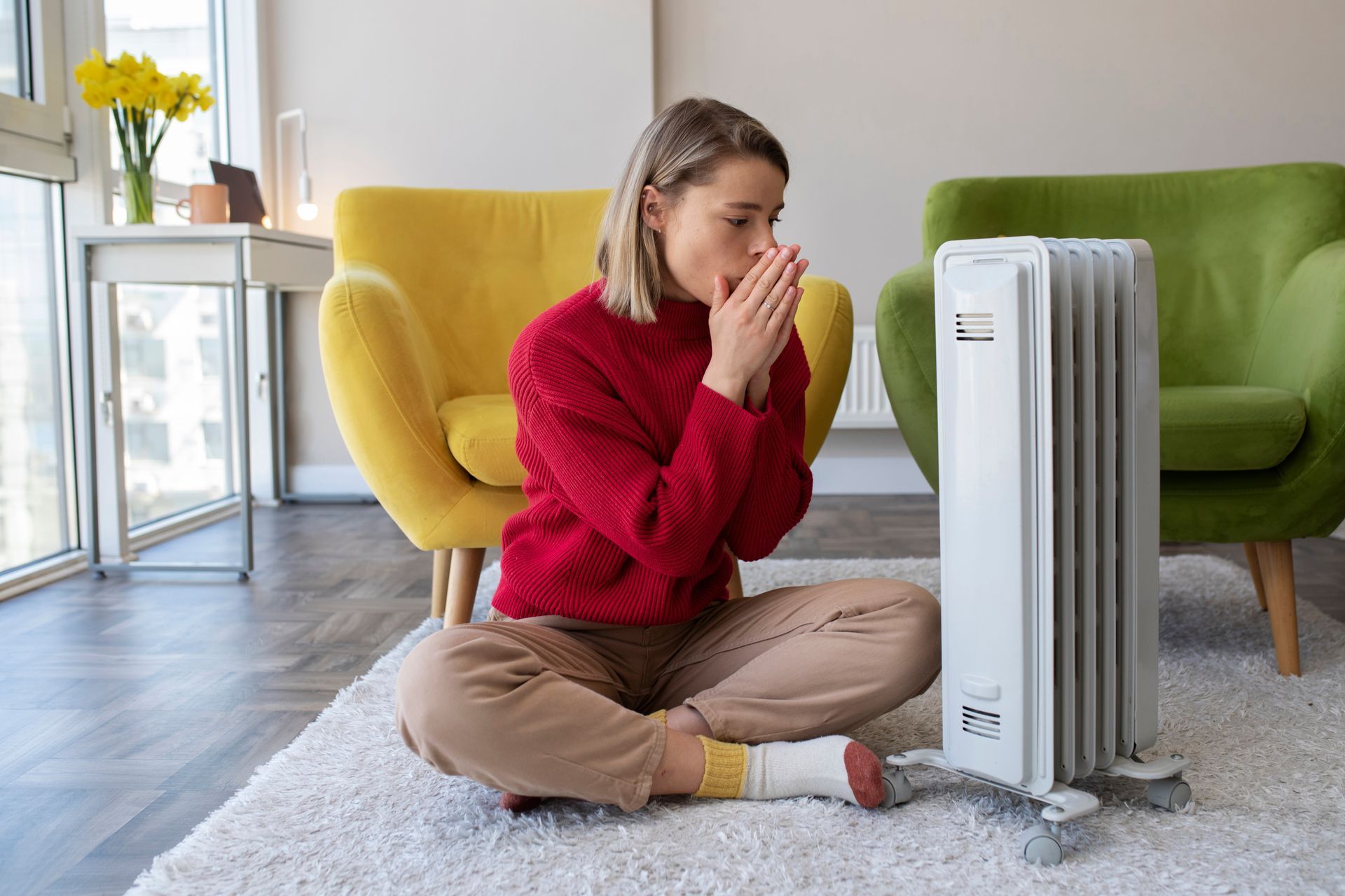 Woman in red sweater warms hands near a white oil heater, sitting on a rug in a sunny living room.