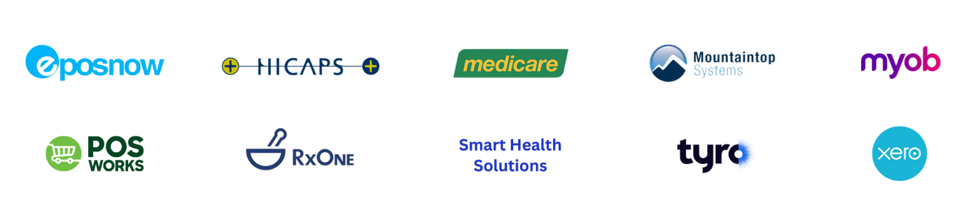 Our pharmacy financial technology partners include eposnow, posvworks, hicaps, rx one, medicare, smart health solutions, mountaintop systems, tyro, myob, xero