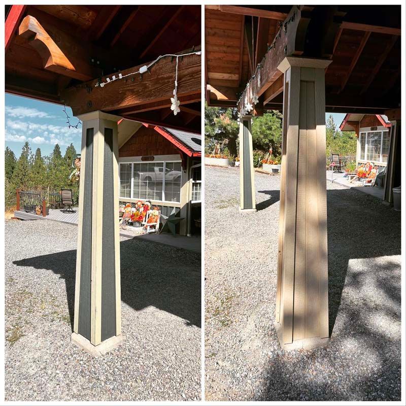 A before and after picture of a porch with columns