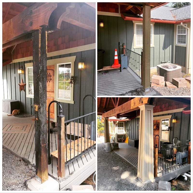 A collage of pictures of a house with a porch