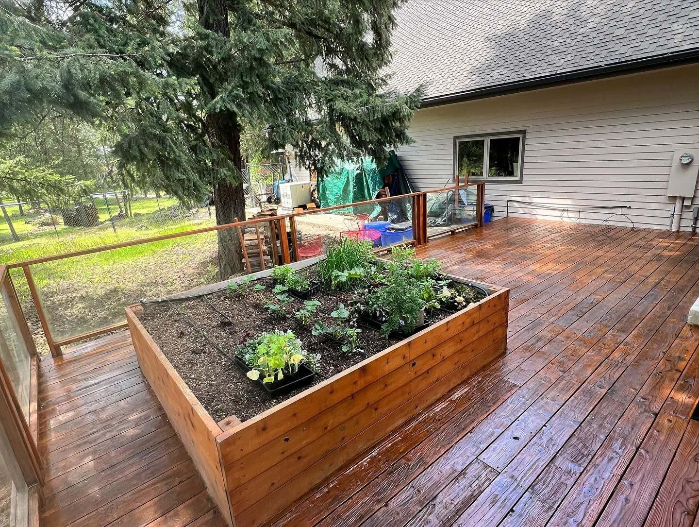 A wooden deck with a garden in the middle of it.