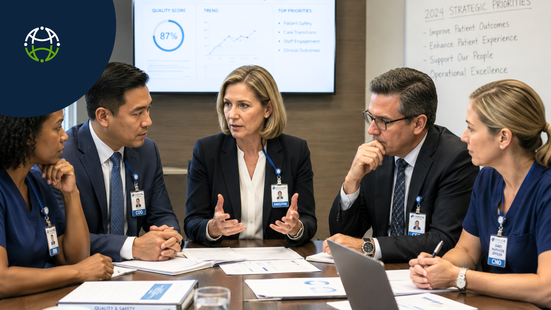 Healthcare executives and international hiring partners discussing direct hire at a conference table