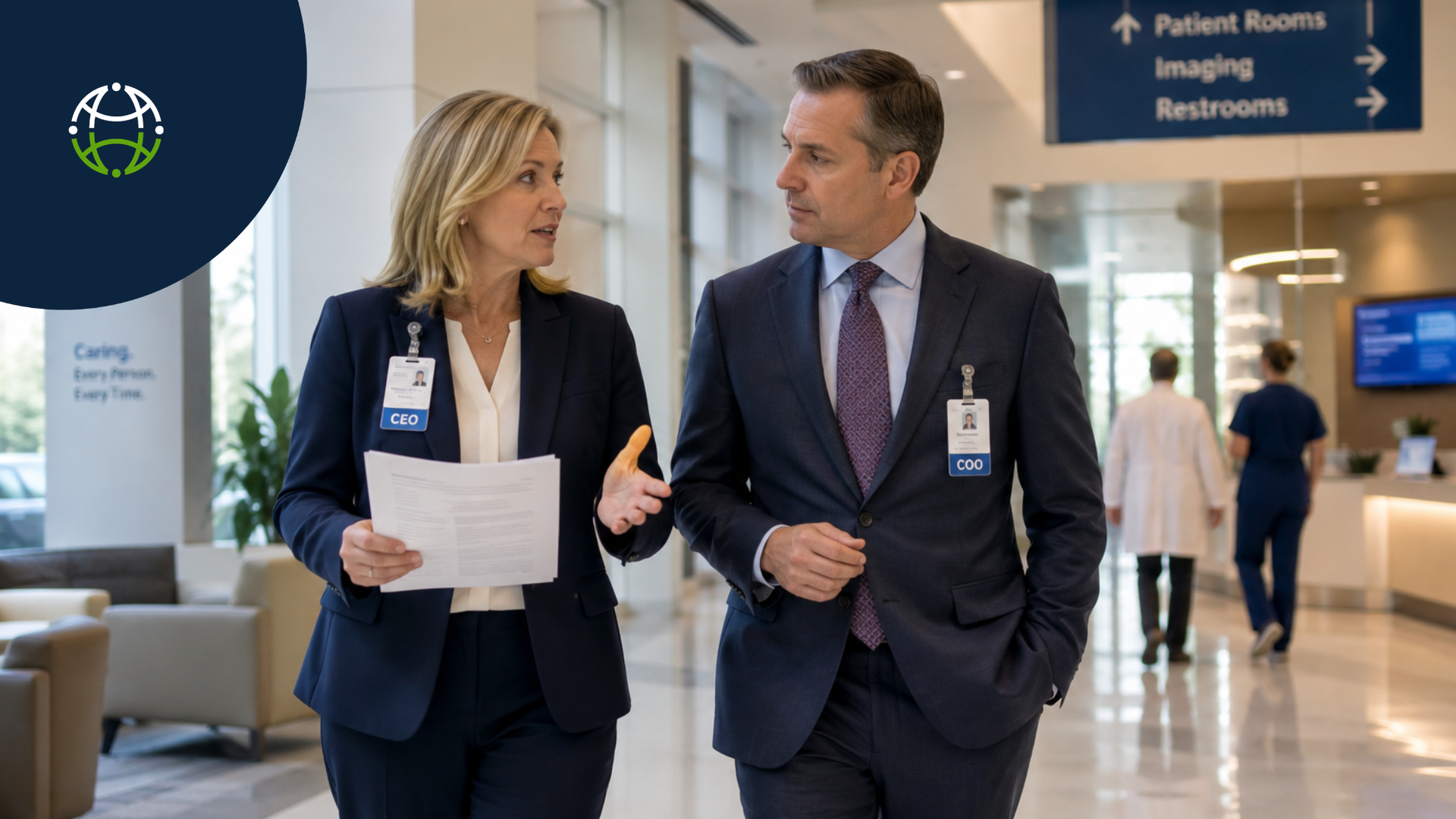 Two executives walking side by side discussing international direct hire recruitment