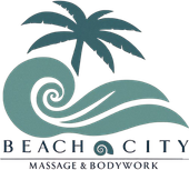 Logo for Beach City Massage & Bodywork: turquoise wave and palm tree above text.