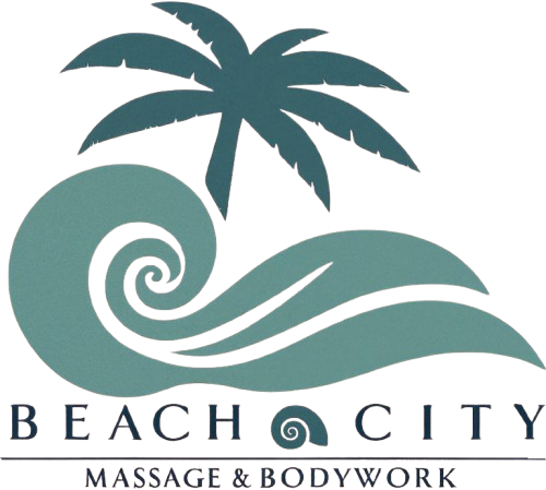 Logo for Beach City Massage & Bodywork: turquoise wave and palm tree above text.