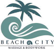 Logo for Beach City Massage & Bodywork: turquoise wave and palm tree above text.
