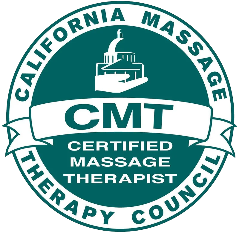 California Massage Therapy Council certification seal. Teal and white.