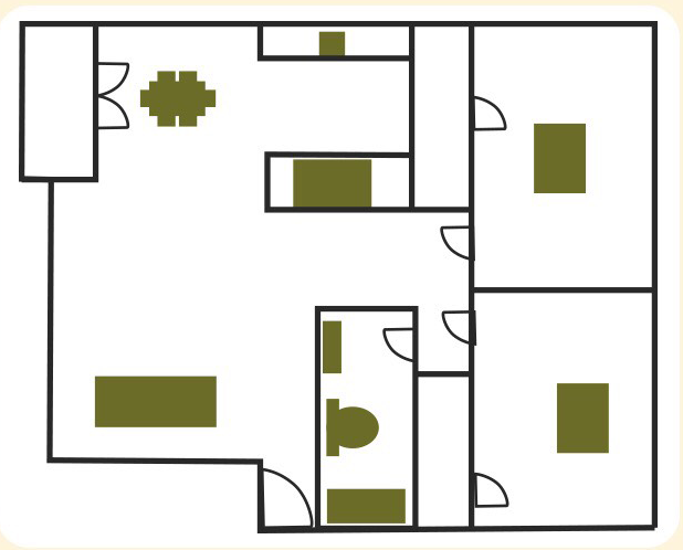 Floor plan of a small residence with furniture outlined in olive green. Features living, dining, kitchen, and two bedrooms.