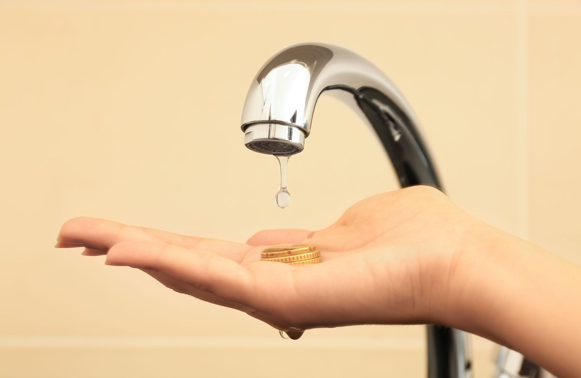 woman holding coins under metal tap