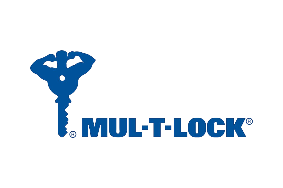 Logotipo azul de Mul-T-Lock: una llave musculosa con una corona y el texto "MUL-T-LOCK" sobre fondo blanco.