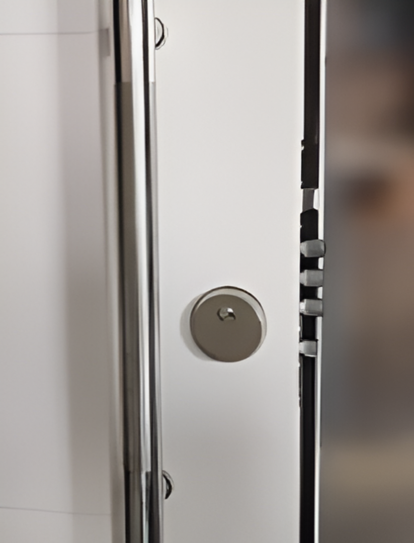 Puerta blanca con manilla y cerradura plateadas, mostrando el ojo de la cerradura y el mecanismo de cierre.