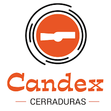Logotipo de Candex Cerraduras que presenta un círculo naranja con un símbolo de llave blanca y el nombre "Candex" debajo.