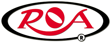 Letras rojas «ROA» dentro de un círculo rojo con un óvalo blanco y un borde ovalado negro. Símbolo de marca registrada.
