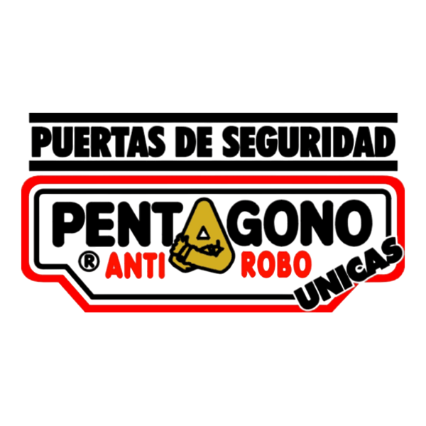 Logotipo: "Puertas de Seguridad Pentagono Anti Robo Únicas." Texto negro, marco rojo y blanco, pentágono dorado.