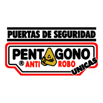 Logotipo: "Puertas de Seguridad Pentagono Anti Robo Únicas." Texto negro, marco rojo y blanco, pentágono dorado.