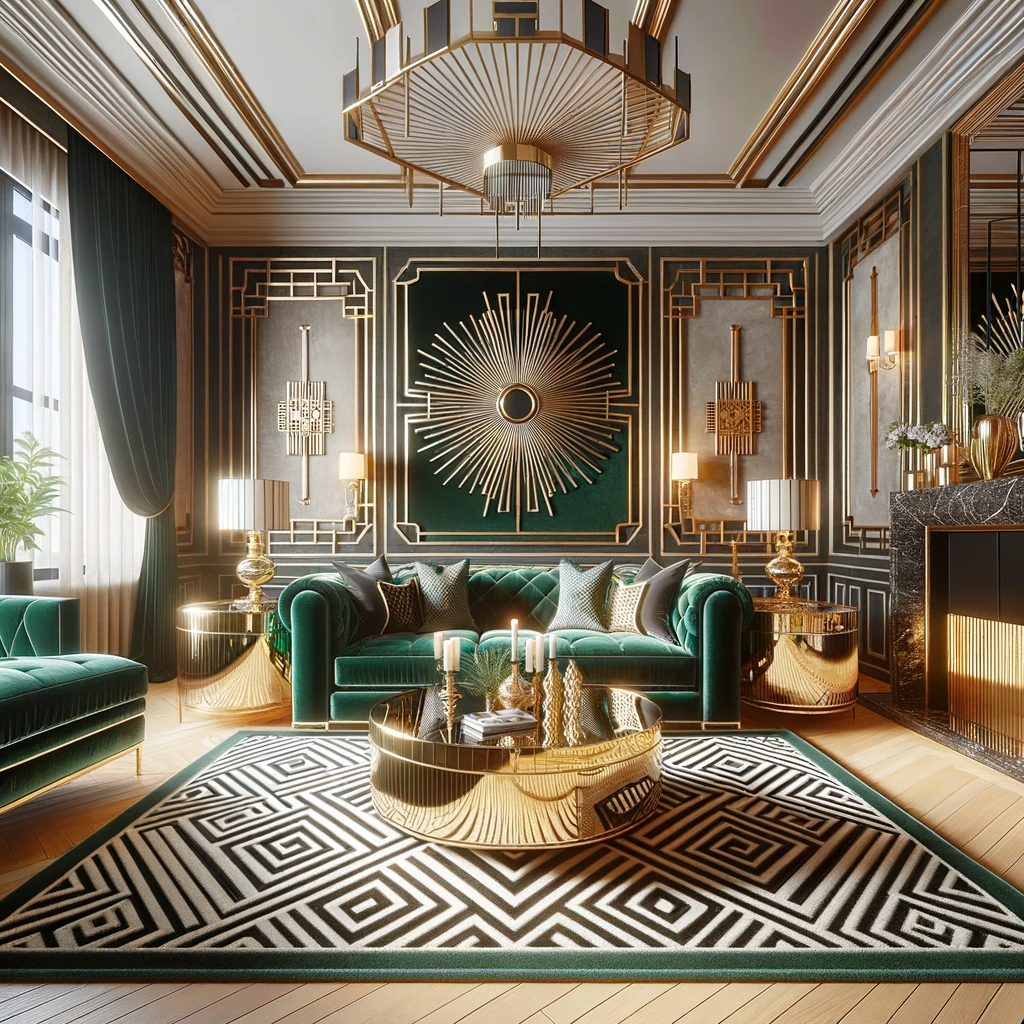 DALL·E Generated - Photo of a spacious living room embracing the art deco style. A geometric-patterned rug covers the wooden floor. A luxurious velvet sofa in emerald gr