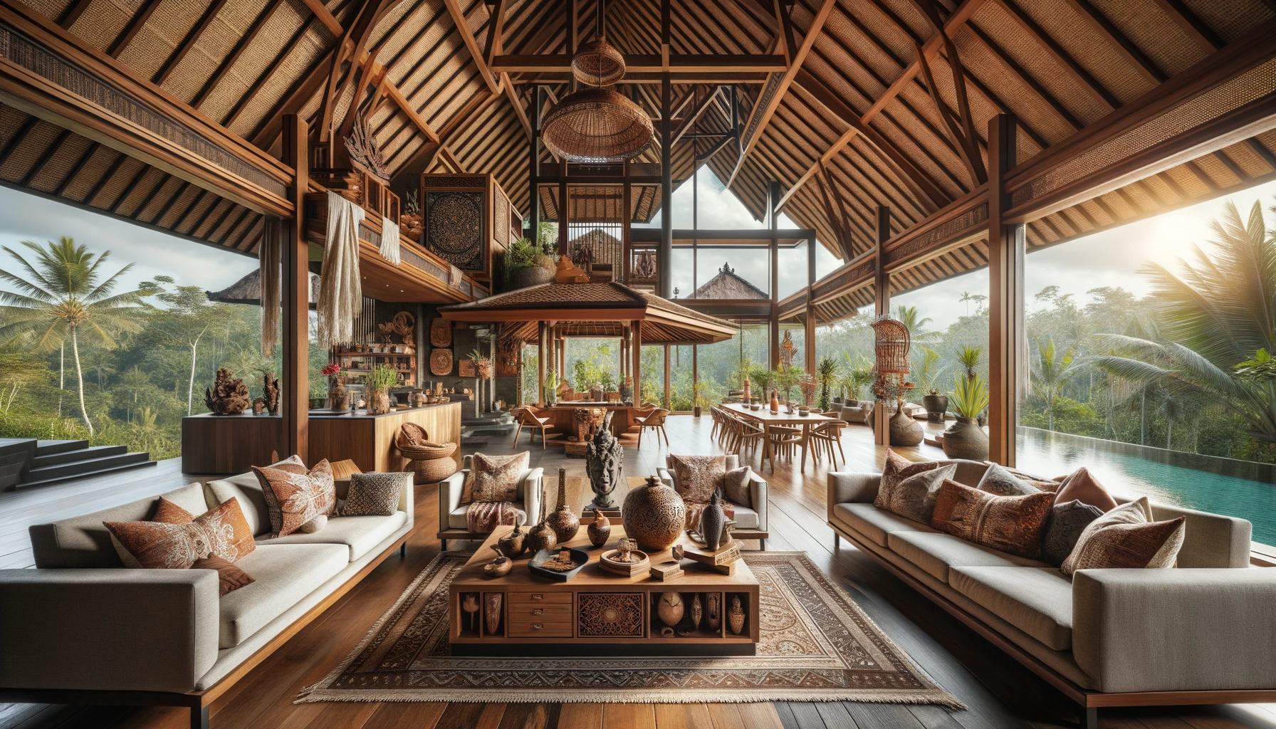 4K render of the interior living room of a Bali luxury treehouse. The space boasts high ceilings with exposed wooden beams and large panoramic windows offering breathtaking views of the tropical rainforest. Traditional Balinese textiles and decor accentuate the room, with plush seating arrangements around a low wooden coffee table. Handcrafted wooden sculptures and art pieces are displayed throughout. An open-concept layout allows for a seamless transition to a modern kitchen with wooden cabinetry and stone countertops.