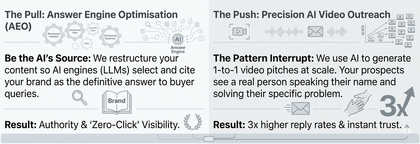 Two-panel marketing slide comparing SEO results and AI video outreach, with charts and bold headings.