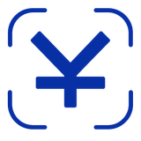 Symbole du yen bleu à l'intérieur d'un carré bleu aux coins arrondis, avec des coins de ciblage.