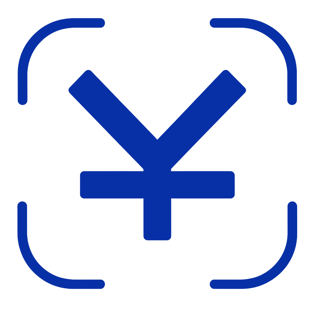 Symbole du yen bleu à l'intérieur d'un carré bleu aux coins arrondis, avec des coins de ciblage.