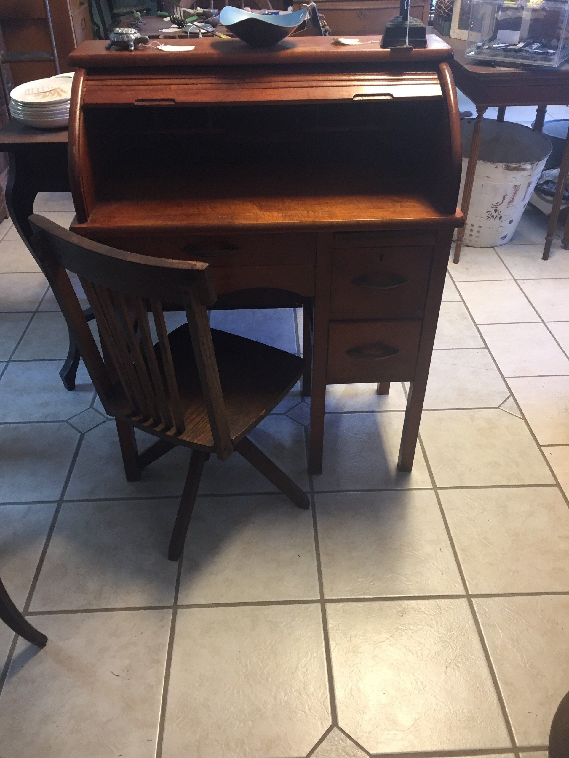 Child's Oak Roll Top Desk with Chair