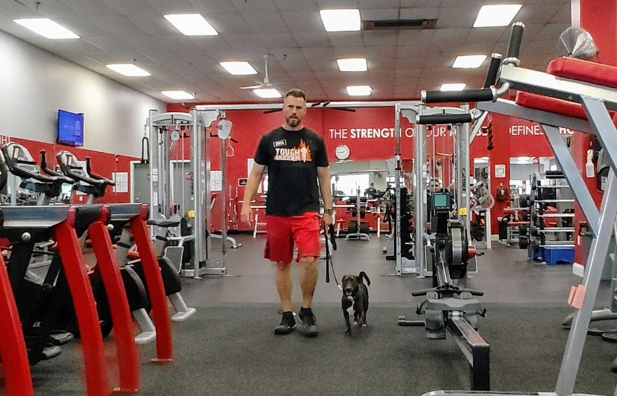 Man and small dog walking in a gym; red and black equipment; man wears black shirt and red shorts.